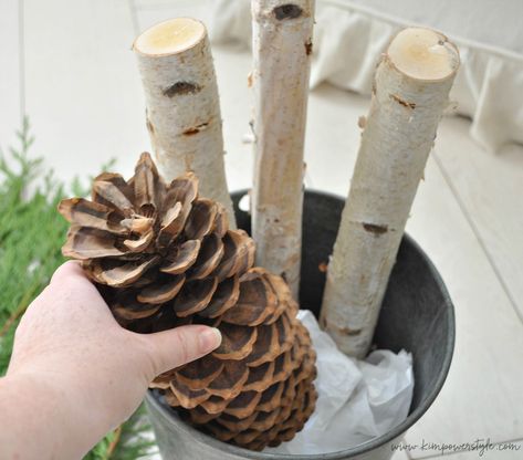 The 5 Minute Christmas Birch Bucket Birch Branches In Pots Outdoor Planters, Birch Tree Decor Christmas Indoor, Birch Log Centerpiece Christmas, Birch Wood Decor Ideas, Christmas Birch Logs Decorating Ideas, Christmas Bucket Decoration Ideas, Galvanized Bucket Christmas Decor, Birch Logs Christmas Decor, Birch Log Decor Diy Projects