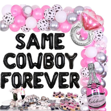 Add Flair To Your Bachelorette Party Decor With This Eye-Catching Balloon Party Set! It's Guaranteed To Liven Up The Atmosphere! The Kit Includes: 1 X Black “Same Cowboy Forever” Foil Balloon 16 Inches (No Helium Supported) 15 X Pink Latex Balloons 12 Inches 10 X White Latex Balloons 12 Inches 10 X Cow Print Latex Balloons 12 Inches 10 X Metallic Silver Latex Balloons 12 Inches 5 X Confetti Balloons 12 Inches 5 X Pink Latex Balloons 5 Inches 5 X White Latex Balloons 5 Inches 1 X Champagne Foil B Western Bachelorette Party Decorations, Bachelor Party Themes, Cowgirl Bridal Shower, Western Bachelorette Party, Bachelorette Party Balloon, Wild Bachelorette Party, Bachelorette Balloons, Western Bachelorette, Cowgirl Bachelorette Parties