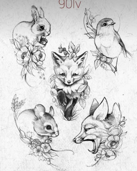 Fox And Bird Tattoo, Hase Tattoos, Mouse Tattoo, Bird Tattoo Back, Tier Tattoo, Animals And Flowers, Mouse Tattoos, Drawing Hands, Drawing Eyes