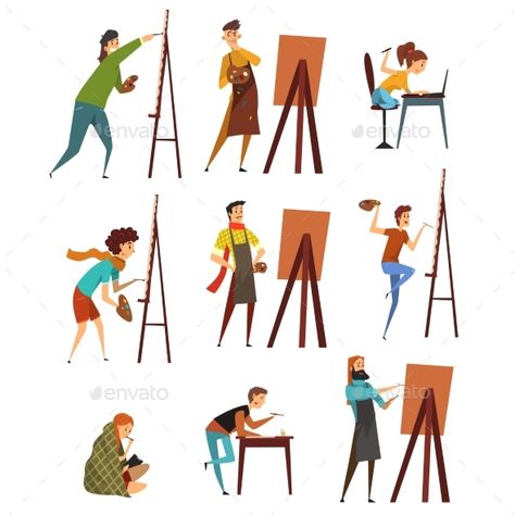 Artists painting on canvas set, painter characters vector Illustrations on a white background Painter Character Design, Painter Character, Rendering Architecture, Artists Painting, Flat Design Illustration, Vector People, Art Hub, Architecture Rendering, Artist Paint