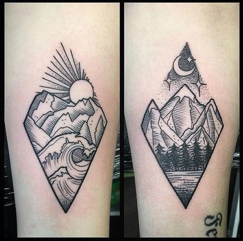 Nature Couples Tattoos, Matching Camping Tattoo, Couple Mountain Tattoos, Diamond Shaped Tattoo, Matching Nature Tattoos, Watercolor Heart Tattoos, Small Mountain Tattoo, Camping Tattoo, Hexagon Tattoo