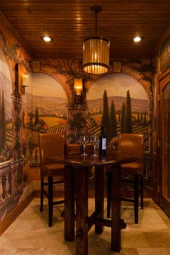 Italian Inspired - Tuscan-Style wine tasting room, murals of Italian landscape with archways makes you feel like your in the Italian countryside. Style Toscan, Contemporary Wine Cellar, Wine Room Design, Tuscan Bathroom, Room Murals, Home Wine Cellars, Wine Tasting Room, Wine Cellar Design, Tuscan Design