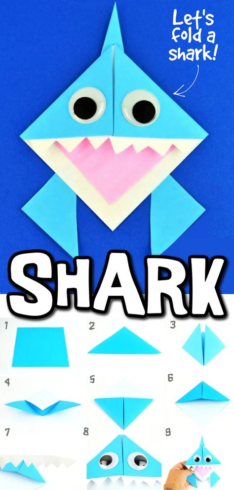 Text: let's fold a shark - finished origami shark craft plus a picture step by step folding guide Shark Paper Craft, Shark Week Crafts, Origami Shark, Shark Craft, Origami Bookmark, Cute Origami, Fun Arts And Crafts, Crafty Kids, How To Make Bookmarks