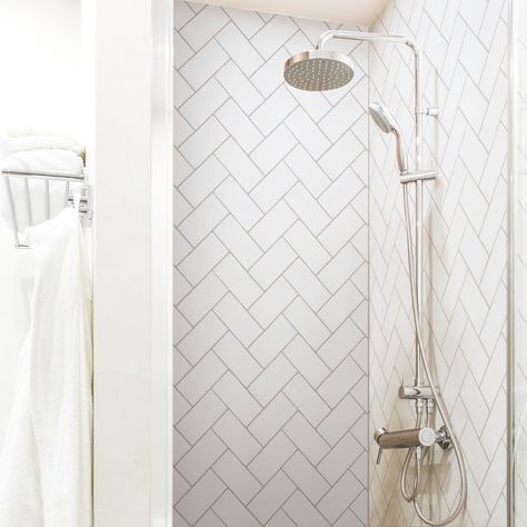 Herringbone Subway Tile Shower Wall, White Herringbone Shower Tile, Herringbone Shower Tile, White Shower Tile, Herringbone Subway Tile, White Subway Tile Shower, Affinity Tile, White Tile Shower, Subway Tile Showers