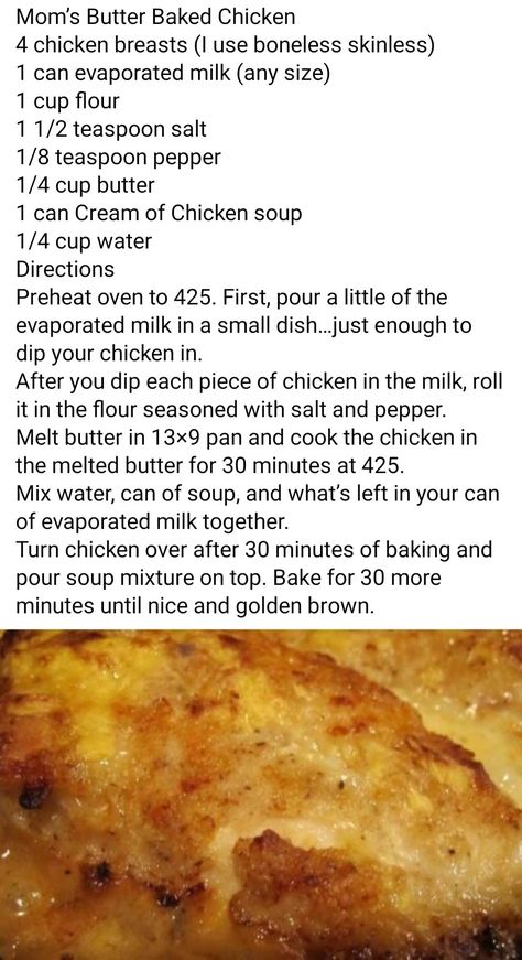 Mom's Butter Baked Chicken Butter Baked Chicken, Chicken Breast Casserole Recipes, Chicken Crockpot Recipes Easy, Chicken Breast Recipes Baked, Spicy Chicken Recipes, Oven Fried Chicken, Chicken Recipes Casserole, Chicken Dishes Recipes, Baked Chicken Recipes