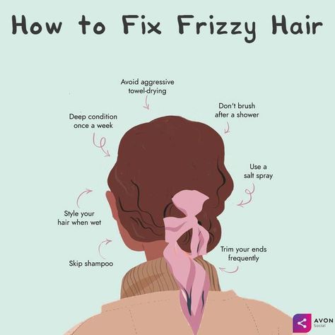 Want to eliminate frizz? 😱 Here's a few handy tips! Taking great care of your hair is the first step for getting rid of frizz - give your hair some self-care. It deserves the best! #Haircare #Frizz #FrizzyHair #HairProblems www.shopwithmyrep.co.uk/avon/ToBeBeautiful Fizzy Hair, Frizzy Hair Tips, Make Hair Grow Faster, Caring For Frizzy Hair, Anti Frizz Hair, Frizzy Curly Hair, Curly Hair Care Routine, Make Hair Grow, Hair Concerns