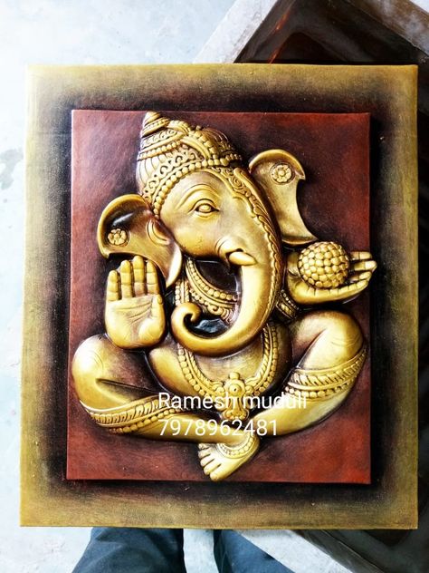 3d Ganesha Painting, Ganapathi Images, 3d Ganesha, Ganesha Face, Ganesh Sculpture, Temple Painting, Mdf Art, 3d Murals, God Pendant