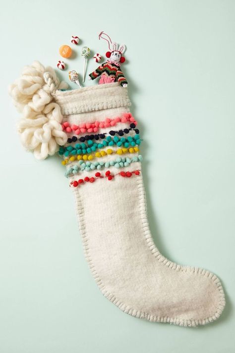 cutest stocking with pompoms Modern Christmas Stocking, Anthropologie Christmas, Christmas Stockings Diy, Camille Styles, Diy Pom Pom, A White Christmas, Navidad Diy, Boho Christmas, Boxing Day