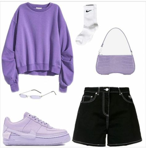 Black Purple Outfit Aesthetic, Violet Aesthetic Outfit, Purple Tomboy Outfit, Pastel Purple Outfit Ideas, Purple Cute Outfits, Purple Style Outfit, Violet Outfit Aesthetic, Purple And White Outfits, Purple Outfits Ideas