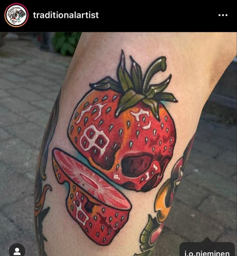 Strawberry Skull, Geometric Line Tattoo, Strawberry Tattoo, Behind Ear Tattoos, Bear Tattoo Designs, Food Tattoos, Wicked Tattoos, Chinese Tattoo, Tatuaje A Color