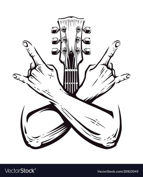 Rock Hand Sign, Rock N Roll Baby, Rock And Roll Sign, Metal Drawing, Rock Sign, Cross Hands, Rock N Roll Art, Guitar Tattoo, Band Poster