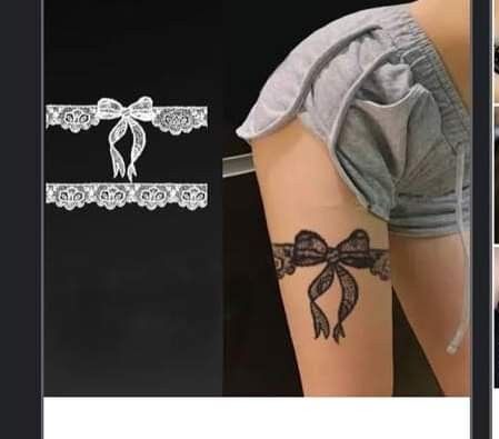 Garter Belt Tattoo, Black Lace Tattoo, Lace Garter Tattoos, Lace Bow Tattoos, Garter Tattoo, Bow Tattoo, Lace Garter, Lace Bows, Thigh Tattoo