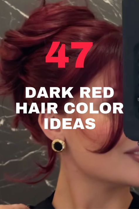 An elegant updo with dark red hair color and loose, face-framing bangs. Dark Red Hair With Bangs, Dark Red Hairstyles, Red Updo, Elegant Hair Color, Dark Red Hair Color Ideas, Face Framing Highlights, Red Hair With Bangs, Vibrant Red Hair, Dark Red Hair Color