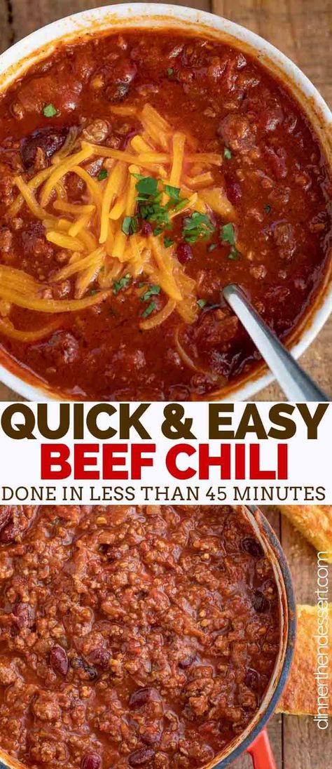 Classic Beef Chili is a ONE POT classic comfort food made with ground beef, kidney beans, crushed tomatoes, and spices, ready in under 45 minutes! #groundbeef #chili #tailgating #gameday #superbowl #soup #partyfood #stovetop #classic #hearty #dinnerthendessert Easy Beef Chili, Chili Recipe Stovetop, Stovetop Chili, Chili Dinner, Homemade Chili Recipe, Beef Kidney, Ground Beef Chili, Beef Chili Recipe, Bean Chili Recipe