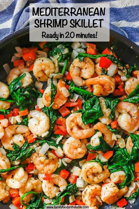 This quick and easy Mediterranean shrimp skillet is a one-pan dinner ready in about 20 minutes! It’s great over couscous or rice or orzo. Quick Mediterranean Lunch, Shrimp And Couscous Recipes, Shrimp Mediterranean Recipes, Shrimp Couscous Recipes, Mediteranian Dishes, Mediterranean Shrimp Recipes, Healthy Tuna Noodle Casserole, Shrimp And Spinach Recipes, Mediterranean Shrimp Recipe