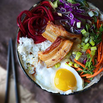 Pork belly Korean rice bowl (bibimbap)... and the fun of spiralizing Pork Belly Bowl, Rice With Meat, Korean Pork Belly, Korean Rice Bowl, Korean Pork, Mixed Rice, About Korea, Korean Rice, Korean Dishes