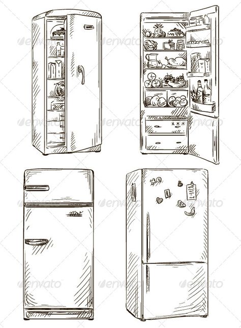 Fridges. Open Fridge Drawing, Fridge Sketch, Refrigerator Drawing, Fridge Drawing, Fridge Illustration, Open Fridge, Objects Drawing, Drawing Interior Design, Fridge Art