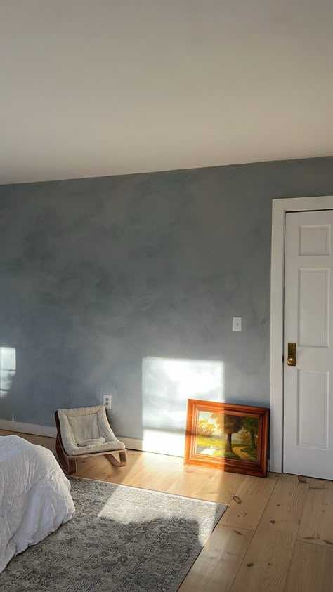 Lime Washed Bedroom Walls, Bedroom Inspirations Limewash, Light Blue Lime Wash Wall, Blue Lime Wash Bedroom, Bedroom Ideas Limewash, Dark Limewash Paint, Blue Limewash Bathroom, Blue Limewash Paint, Light Blue Limewash