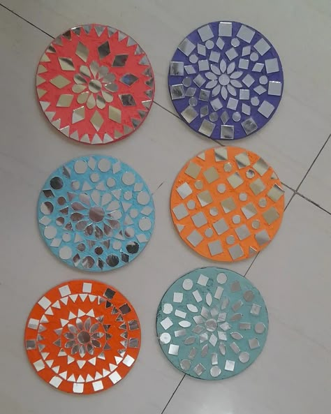 Colourful Mirror, Lippan Art Design, Lippan Mirror, Wall Hanging Frames, Mirror Mosaic Art, Mirror Mandala, Coasters Ideas, Coasters Tile, Buddhism Wallpaper