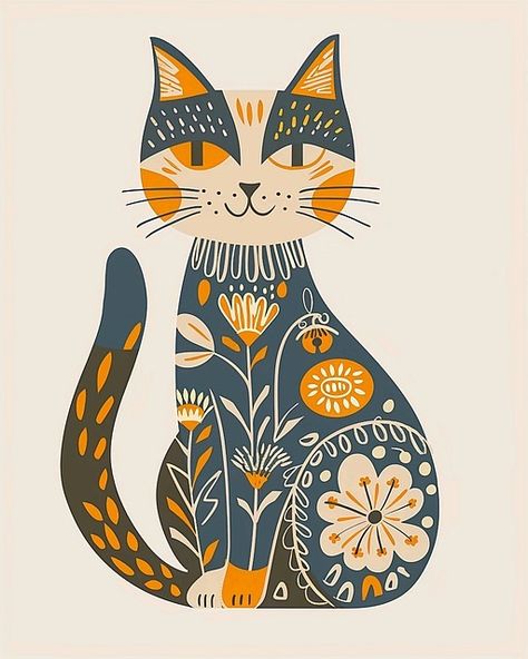 Download free HD stock image of Ai Generated Cat Flat Cat Illustration, Cat Art Whimsical, Folk Cat, Folk Art Cats, Folk Art Animals, Cat Design Illustration, Folk Art Cat, Folk Illustration, Modern Folk Art