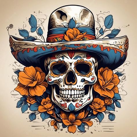 Mexican Skull Art, Skull With Hat, Sugar Skull Drawing, Sugar Skull Decor, Sugar Skull Artwork, Mexican Skull, Mexican Sugar Skull, Media Poster, Sugar Skull Tattoos