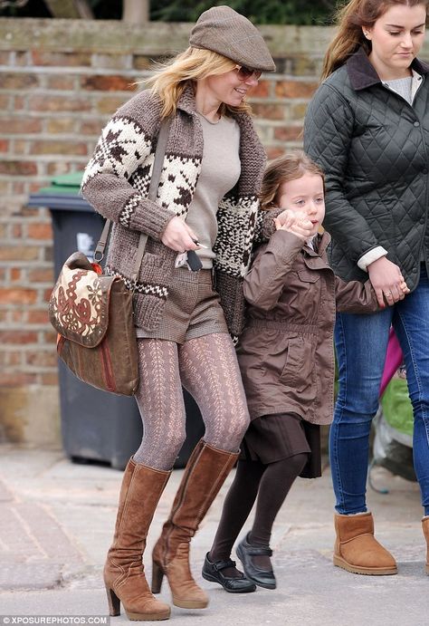 Hands-on mama: The 40-year-old was seen dropping her daughter Bluebell off at school Cowichan Sweater Outfit, Cowichan Sweaters, Knitted Coats, Ladies Sweaters, Grey Tights, Cowichan Sweater, Geri Halliwell, Mary Maxim, Knitwear Sweater