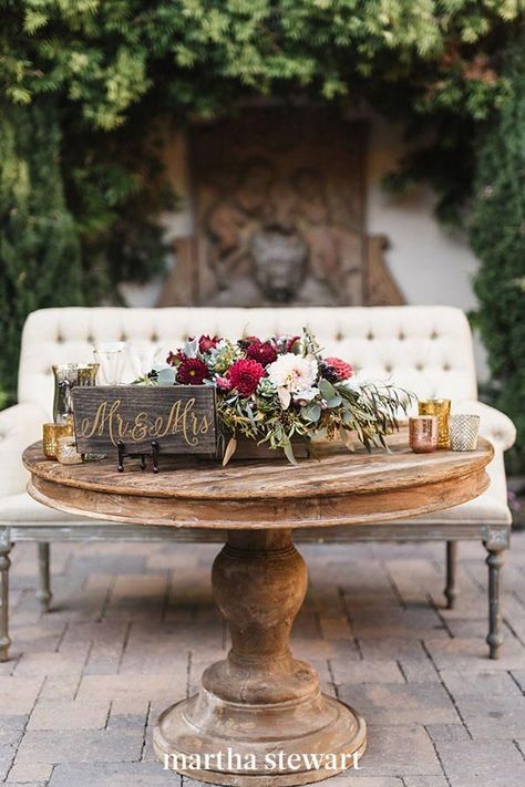 Everything about this couple's rustic sweetheart table, from the wooden "Mr. & Mrs." sign and metallic candles, to the dahlia-centric centerpieces, was country house inspired. #weddingideas #wedding #marthstewartwedding #weddingplanning #weddingchecklist Vintage Sweetheart Table, Wedding Farm, Sweetheart Table Wedding, Diy Rustic Decor, Rustic Wedding Signs, Rustic Fall Wedding, Bridal Pictures, Meteor Garden 2018, Wedding Indian