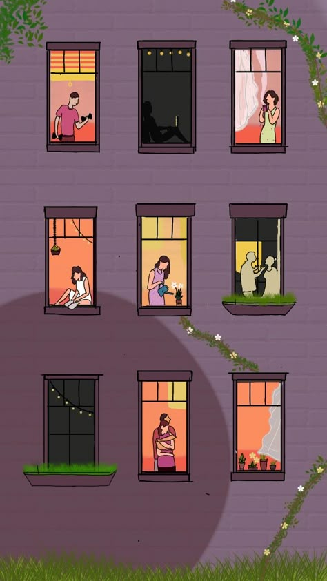 Digital illustration-Daily routine in apartment windows.follow @theboho_co in instagram for more Cute Apartment Drawing, Drawing Windows Illustration, Daily Routine Wallpaper Aesthetic, Apartment Window Drawing, Daily Routines And Rituals Art, People In Windows Illustration, Bay Window Drawing, Hotel Room Illustration, Apartment Window Aesthetic