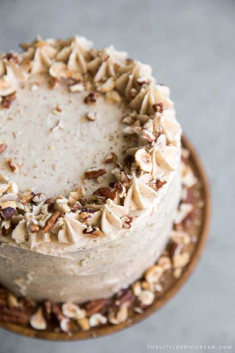 Nutty Espresso Cake with Brown Butter Frosting - The Little Epicurean Nut Cake Decoration, Almond Cake Decoration, Cake With Brown Butter Frosting, Espresso Cake, Coffee And Walnut Cake, Brown Butter Frosting, Gourmet Cakes, Buttercream Cakes, Roasted Pecans