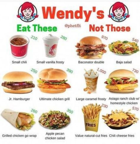 Wendys Calories, Low Calorie Fast Food Lunch, Low Calories Fast Food, Low Cal Food Swaps, Healthy Eating Fast Food, Fast Food Low Calorie, Low Calorie Fast Food Meals, Healthy Take Out Options Fast Foods, Health Fast Food Choices