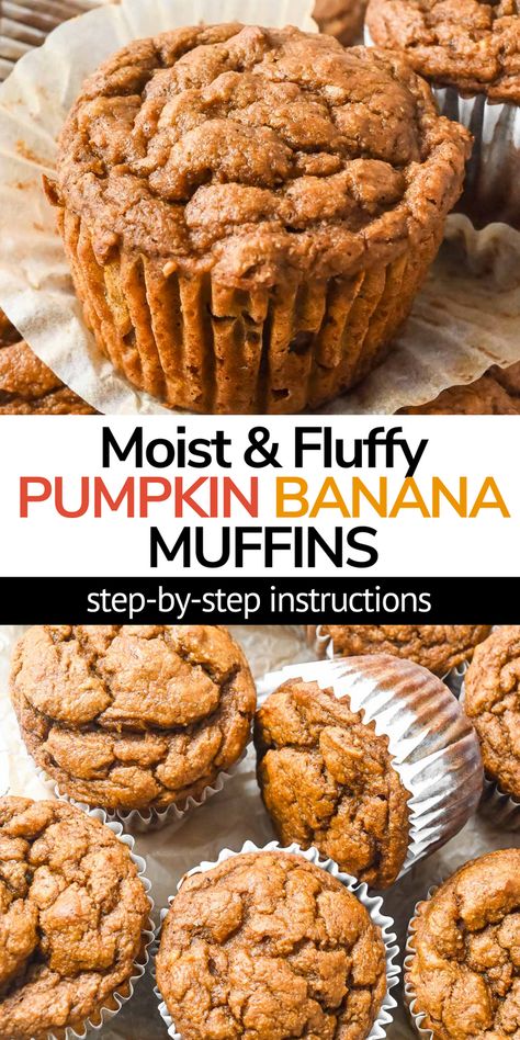 Easy pumpkin banana muffins combine the delicious flavors of pumpkin pie and banana bread! These moist and fluffy muffins are quick to make in less than 30 minutes. The best healthy gluten-free homemade muffin you can make! Gluten Free Egg Free Banana Muffins, Dairy Free Pumpkin Banana Muffins, Paleo Pumpkin Banana Muffins, Flourless Pumpkin Banana Muffins, Healthy Pumpkin And Banana Recipes, Gf Pumpkin Banana Muffins, Banana Pumpkin Muffins Gluten Free, Healthy Pumpkin Banana Oat Muffins, Dairy Free Banana Oat Muffins