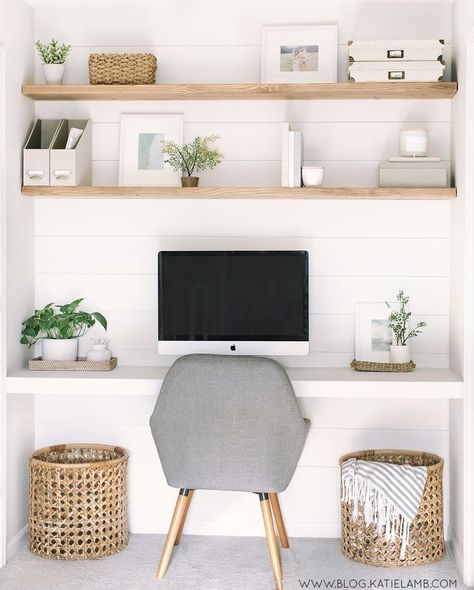 One Wall Desk Home Office, Office Pen Storage, 3 Floating Shelves Office, Office Nook Ideas Small Workspace Built Ins, Floating Shelves Study Office Ideas, Desk Shelf Styling, Office Desk Styling Ideas, Home Office Wall Decor Floating Shelves, White And Brown Office Ideas