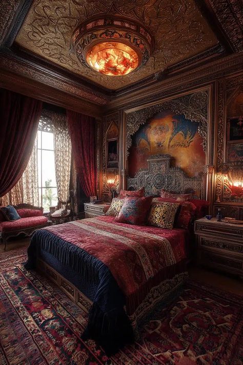 29 Art Deco Bedroom Ideas To Add Glamour To Your Space - Courtneys World Arabian Bedroom Ideas, Arabian Nights Bedroom, Arabian Bedroom, Art Deco Bedroom Ideas, Egyptian Room, Deco Bedroom Ideas, Sanctuary Decor, Maximalist Bedroom, Mansion Bedroom