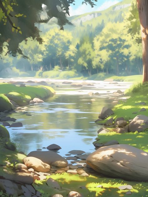 Forest Setting Drawing, Beach Background Drawing, River Concept Art, River In Forest, Environments Art, River Drawing, Composition Drawing, Forest Drawing, 3d Wall Painting