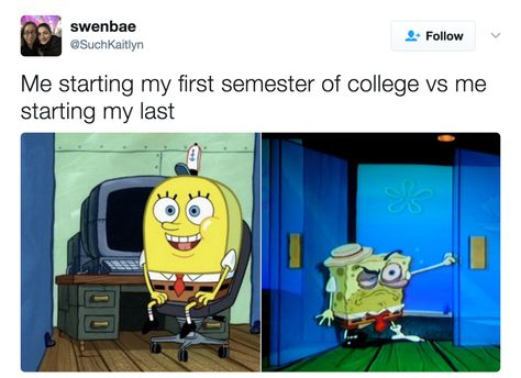 It's been a long four years. Last Semester Of College Quotes, University Quotes, Last Semester Of College, Graduation Meme, Funny College Memes, Spongebob Meme, Graduate College, Studying Memes, Funny Spongebob Memes