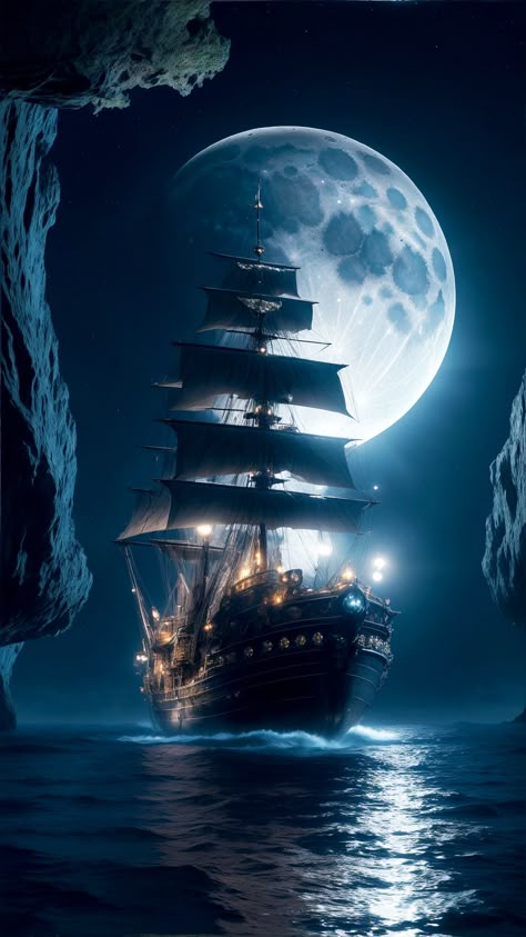 Ghost Ship Art, Ocean Kingdom, Sailboat Photography, Black Pearl Ship, Ships In The Night, Pirate Ship Art, Groot Marvel, Old Sailing Ships, Ship Artwork