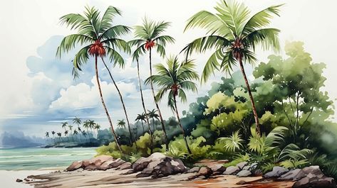 Vector watercolor palm tree nature illus... | Premium Vector #Freepik #vector #palms #polynesia #coconut-trees #tropical-island Coconut Tree Watercolor, Coconut Tree Illustration, Coconut Tree Landscape, Coconut Tree Drawing, Campaign Illustration, Watercolor Palm Tree, Illustration Landscape, Coconut Trees, Tree Sketches