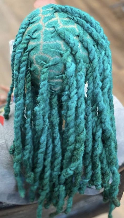 Mint Green Locs, Teal Locs Black Women, Dye Locs Ideas, Dreadlocks Color Ideas, Loc Hair Colors, Turquoise Locs, Colored Dreads Black Women, Dark Green Locs, Teal Dreads