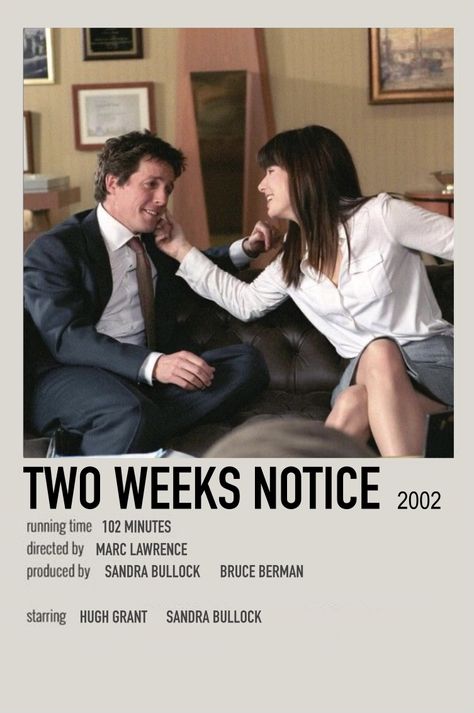 Two Weeks Notice Movie Poster, Two Weeks Notice Movie, Sandy Bullock, Romcom Movies, Two Weeks Notice, Film Recommendations, Polaroid Posters, Hugh Grant, Film Posters Vintage