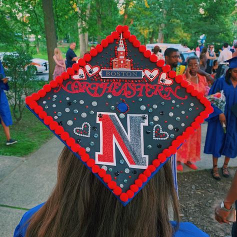 Northeastern Graduation Cap, Northeastern University Aesthetic, Northeastern University, College Wallpaper, Senior Overalls, Grad Cap Decorated, University Graduation, Senior Graduation Party, Grad Cap Designs