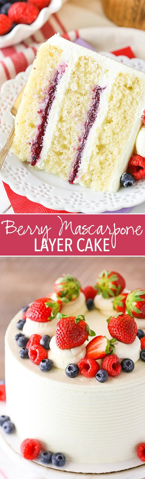 Berry Mascarpone Layer Cake - layers of moist vanilla cake, fresh berry filling and whipped mascarpone frosting! Best Fruitcake, Berry Filling, Whipped Mascarpone, Mascarpone Frosting, Moist Vanilla Cake, Torte Cupcake, Fruitcake Recipes, Food Cakes, Fruit Cake