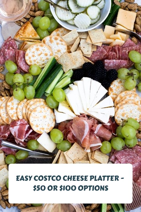 Easy Costco Cheese Platter - $50 or $100 Options Costco Cheese Board, Charcuterie Board Costco, Easy Cheese Platter Ideas, Costco Charcuterie Board, Costco Charcuterie, Costco Platters, Costco Party Platters, Simple Cheese Platter, Costco Appetizers