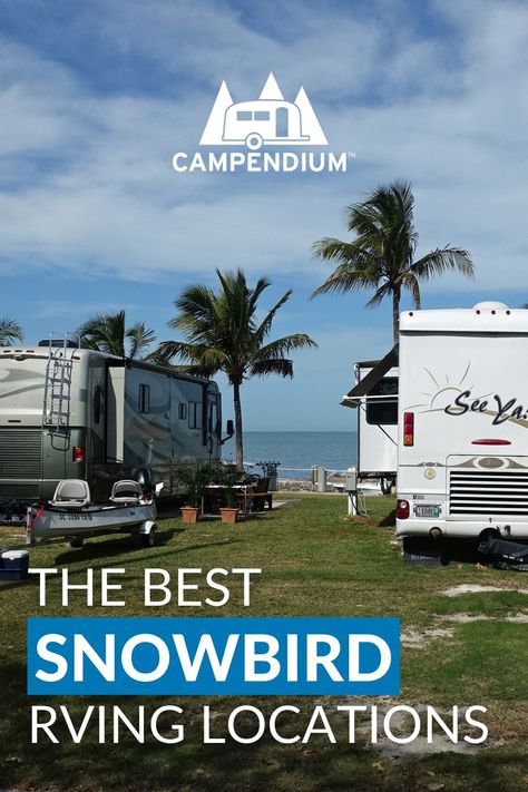 One of the best things about camper living is the flexibility of moving with the weather! To make RV life more tolerable in the winter months, many RVers flock to the South seeking warmer weather for the season. If you’re considering becoming an RV snowbird, here’s some things you should consider before you pack up the camper and head south. Check out these top locations and RV campgrounds for snowbirds! Florida Campgrounds, Camper Maintenance, Best Rv Parks, Rv Resorts, Rv Holiday, Rv Destination, Rv Trip, Las Vegas Resorts, Rv Road Trip