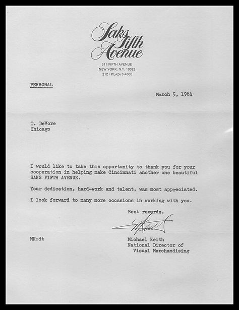 Commendation Letter from M. Keith. Visual Merchandising, Cincinnati, Work Hard