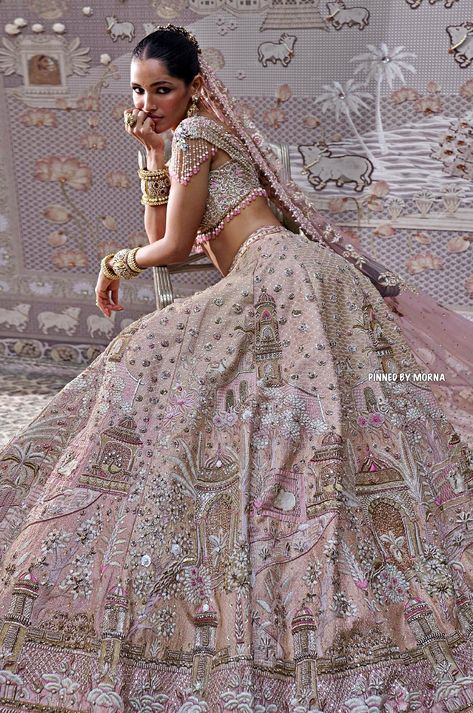 Tarun Tahiliani - India 🇮🇳 Wedding Lehengas Bridal Pink, Lehenga For Engagement The Bride, Alchemy Wedding, Pink Lehenga Bridal, Handwork Motifs, Tarun Tahiliani Lehenga, Brown Lehenga, Tarun Tahiliani Bridal, Big Indian Wedding