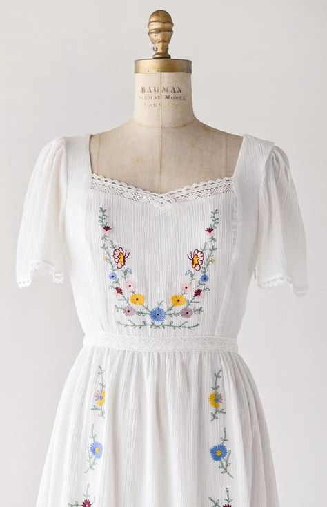 Modest Frocks, Cotton Clothing Women, Embroidered White Dress, Portrait Neckline, Feminine Dresses, Cute White Dress, White Embroidered Dress, Fancy Wedding Dresses, Adored Vintage