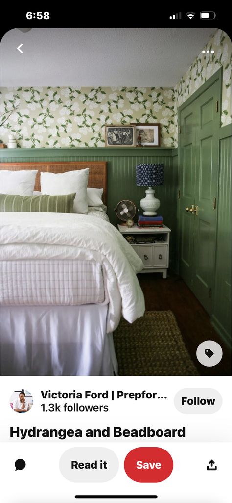 Beadboard Bedroom, Wallpaper And Beadboard, Painted Beadboard, Beadboard Wall, Hydrangea Wallpaper, Wainscoting Bedroom, Beadboard Wainscoting, Bead Board Walls, Whimsical Bedroom