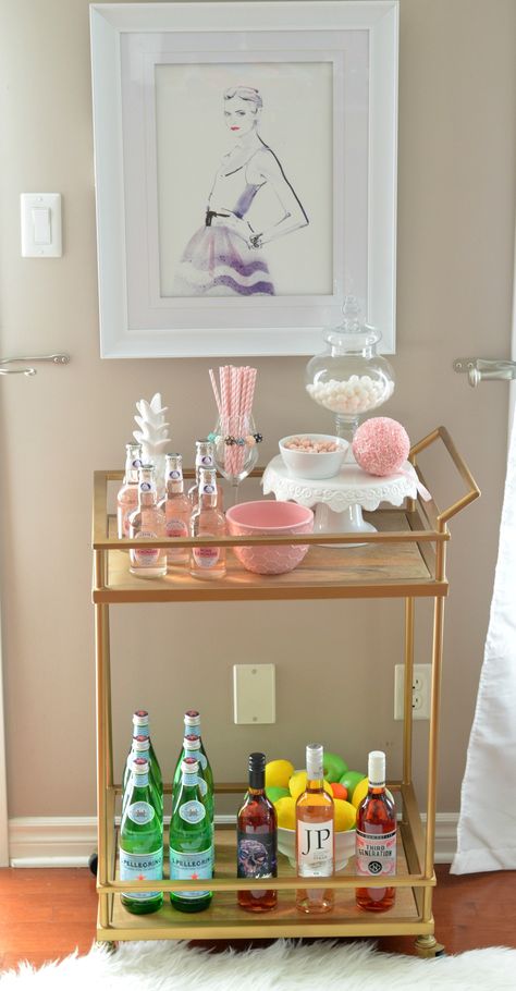 Pink Bar Cart Decor, Bartending Basics, Girly Bar Cart, Girly Bar, Perfect Bar Cart, Christmas Hot Chocolate Bar, Bar Cart Design, Cocktail Trolley, Girly Office