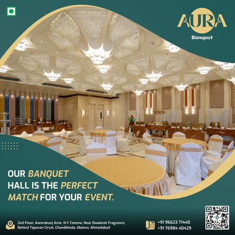 Our banquet hall is the perfect match for your event. #aura #aurabanquet #tapovancircle #ahmedabad #receptionbanquet #Banquet #Restaurant #bigbanquet #food #events #meeting Banquet Hall Creative Ads, Banquet Food, Banquet Restaurant, Food Events, Marketing Poster, Event Hall, Wedding Hall, Poster Ads, Cafe Interior Design