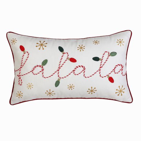 Deck the halls with this fabulous Falala Christmas cushion. It features beautifully embroidered lights and gold snowflakes. The 'fa-la-la' message is a rope embroidery in the colours of a candy cane. With this gorgeous cushion placed on your sofa, it will spruce up your grotto and create a warm welcome for your festive get-togethers. Garments Design, Rope Embroidery, Xmas Wishlist, Christmas Cushion, Craft Stalls, Christmas Bedding, Gold Snowflake, Christmas Bedroom, Christmas Inspo